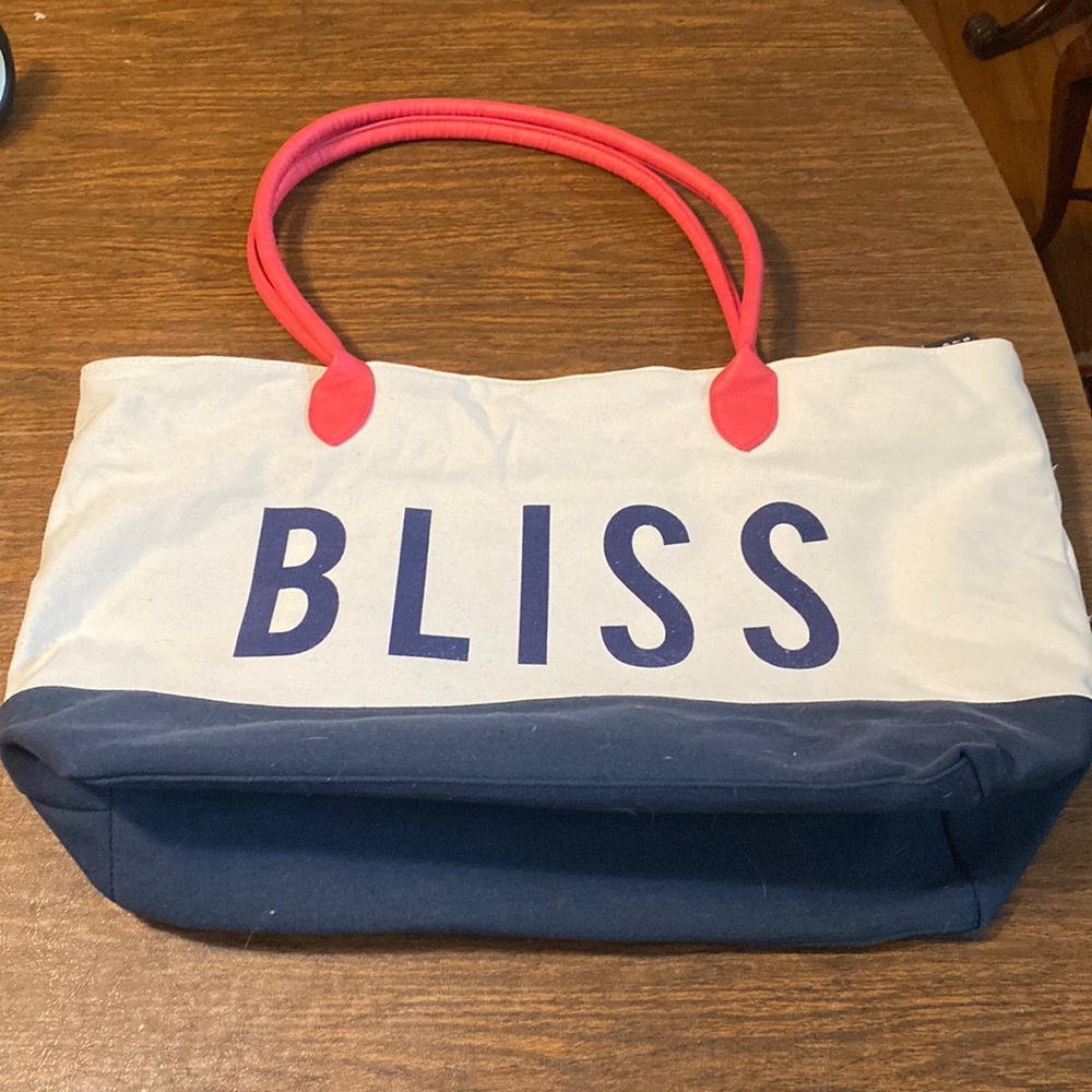 NWT Large Canvas Beach Bag / Tote, Navy and Ecru, Pink Handles